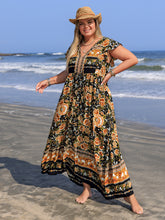 Plus Size Printed V-Neck Ruffle Cap Sleeve Maxi Dress OutfitFlow